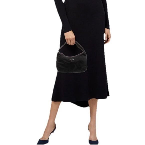 Prada Mini Vela Pochette Prada Hobo Nero Tessuto Silver Hardware Flat Handle - Picture 1 of 14